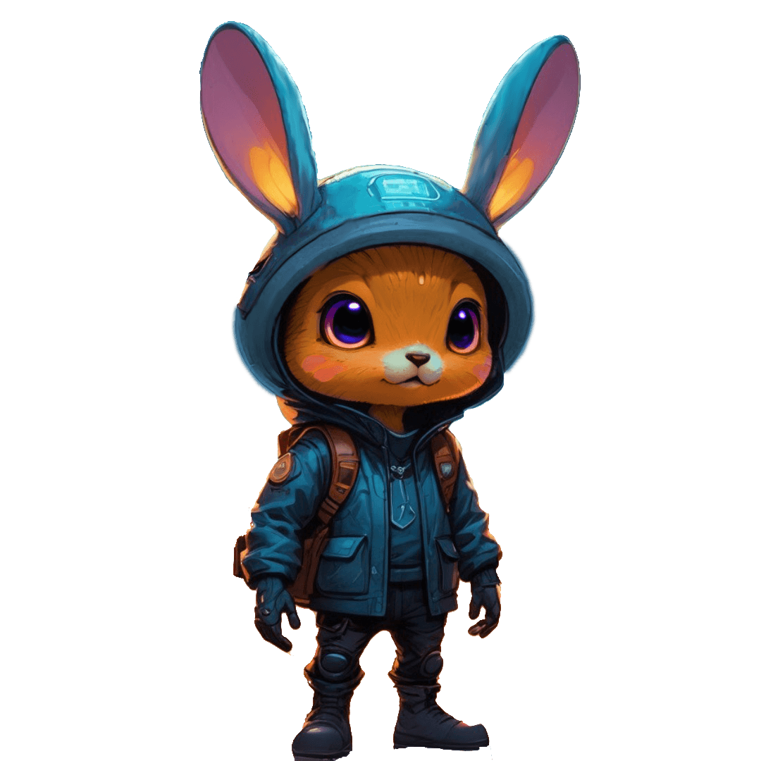 Max the Orange Rabbit, SpinWire's orange AI mascot in a blue helmet and jacket.